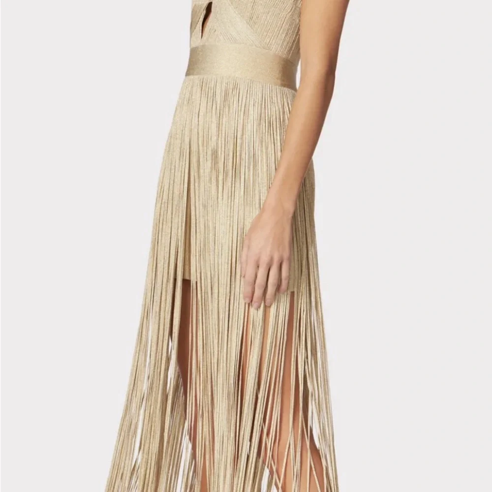 CONTOUR BUST METALLIC FRINGE GOWN Herve Leger Gold NWT - Picture 4 of 7